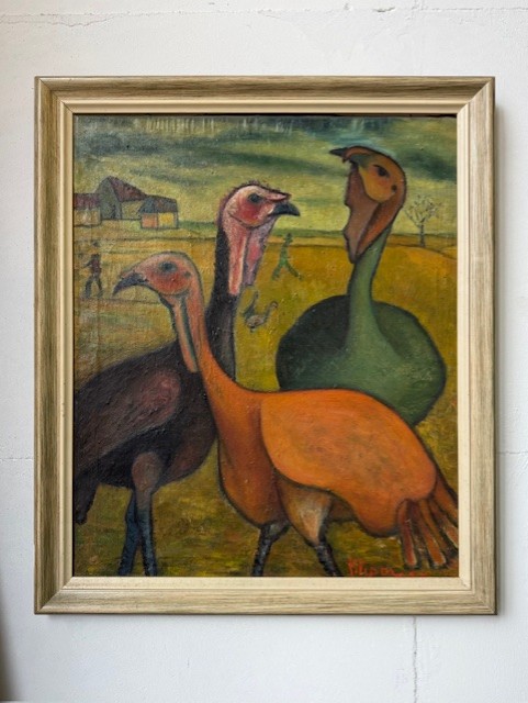 Boeiend oud schilderij met kalkoenen